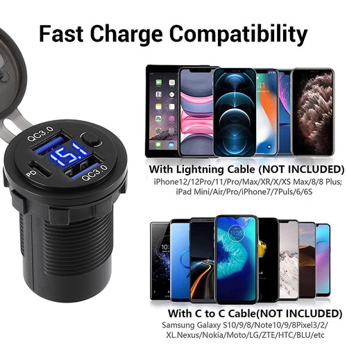12V USB C Chargeur Port Chargeur Voiture Rapide PD & QC Prise pour Bateau RV Marine - Photo 2 sur 12