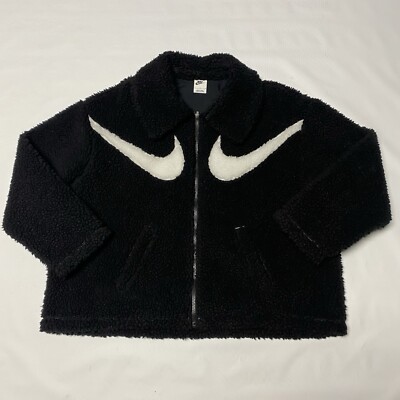 Nike Sherpa Fleece Black White Big Double Swoosh Full Zip Coat Jacket L Rare
