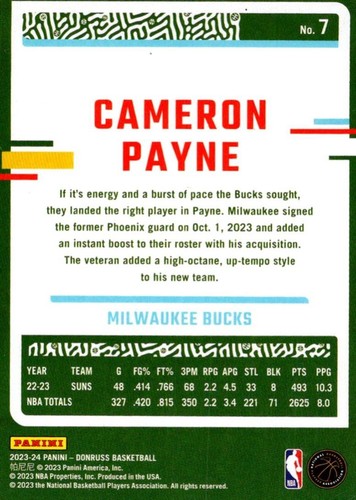 2023-24 Donruss Cameron Payne Milwaukee Bucks #7 - Picture 2 of 2