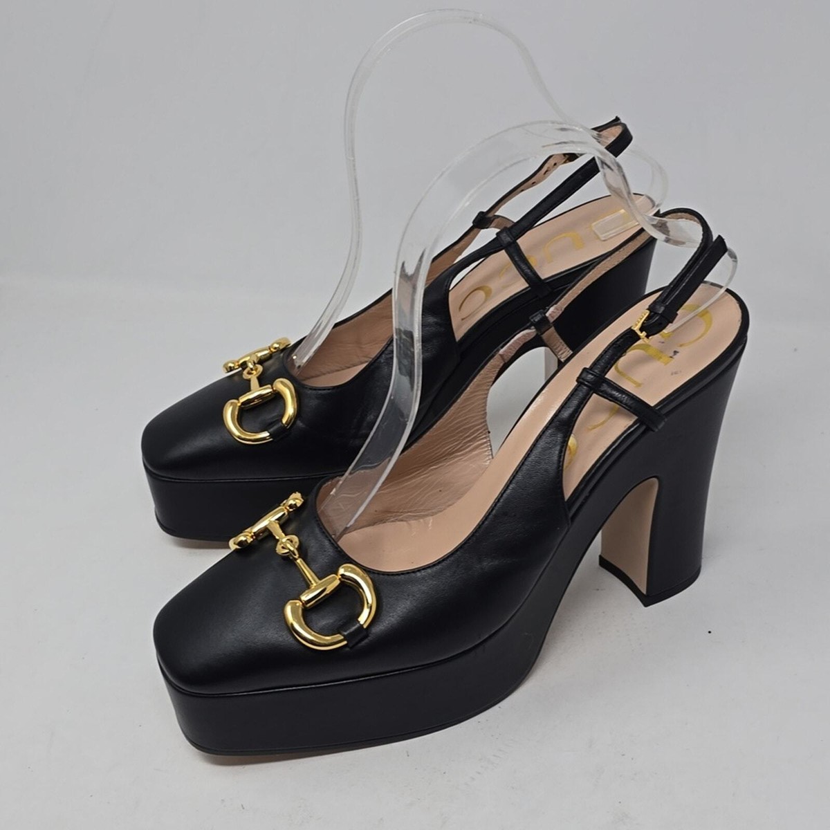 GUCCI 120mm Platform Leather Horsebit Slingback Pumps