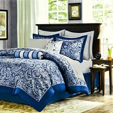 California King 12-piece Reversible Microfiber Comforter Set Navy Blue White NWT
