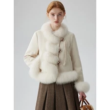 Chinese Style Genuine Fox Fur Womens Winter Jacket Goose Down Lined Warm Coats