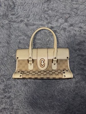 Vintage Gucci GG Monogram Canvas Tote Bag Leather Trim Turn lock Closure Beige