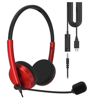 USB Red Headset with Mic, Mute Button Volume Control, Lightweight Wired