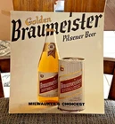 VINTAGE BRAUMEISTER BEER CARDBOARD EASEL BACK SIGN CAN PETER HAND BRG CHICAGO IL