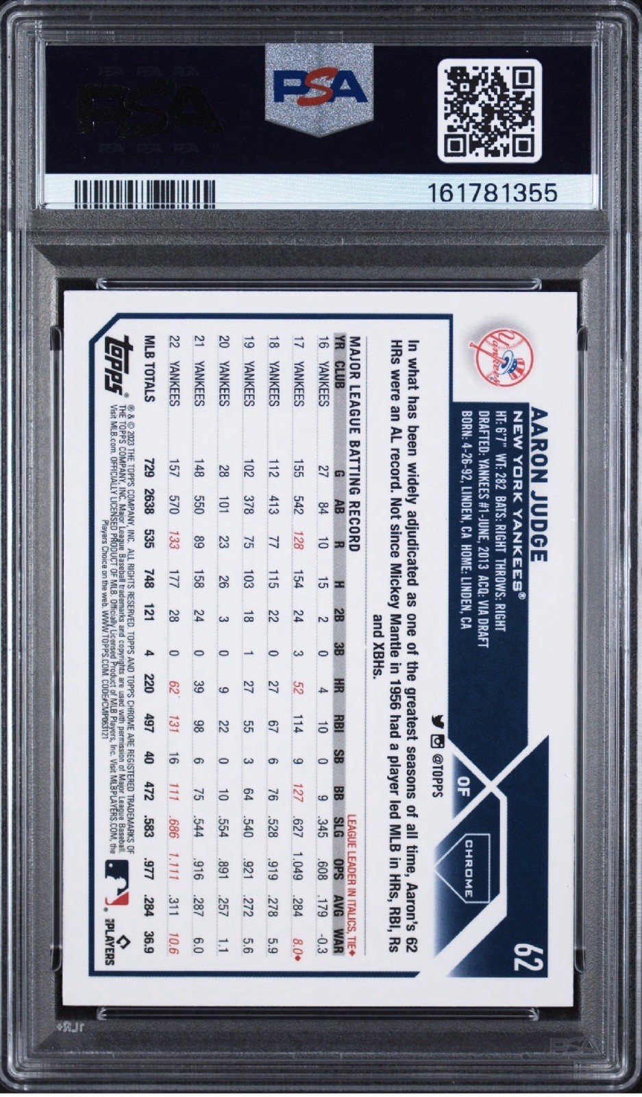 2023 Topps Chrome Pink Aaron Judge Yankees #62 PSA 10 view 2