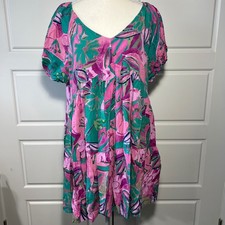 Entro Women's Tropical Pink Teal Floral Print Tiered Mini Dress Size L