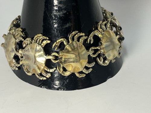 Vintage 925 Sterling Silver Vermeil 3D Crab Link Toggle Bracelet Onyx Eyes 7” - Picture 6 of 23