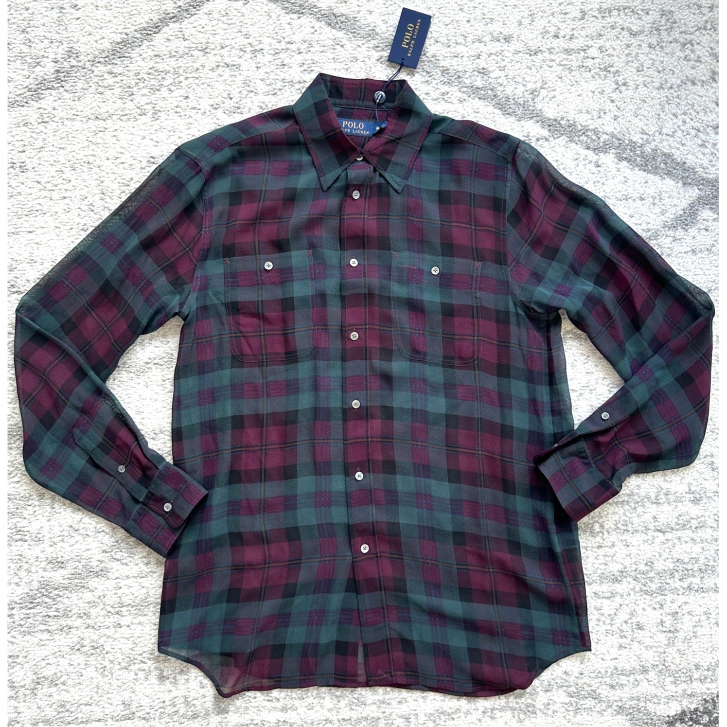 NWT Polo Ralph Lauren Silk Sheer Purple Green Plaid Shirt Blouse Size M