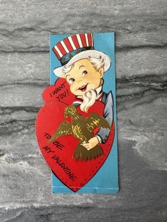 Rare Vintage Valentine Card Uncle Sam Patriotic Gold Bald Eagle Patriotic Star