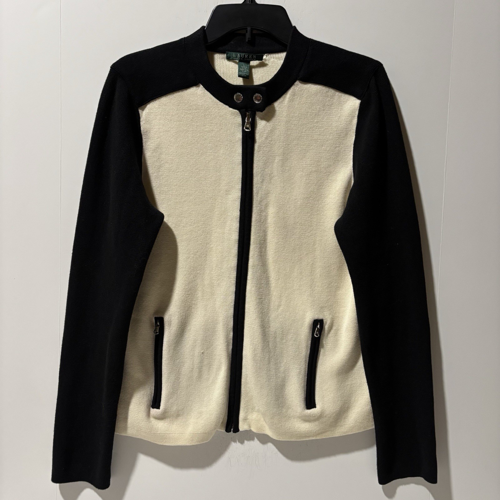 LAUREN RALPH LAUREN Sweater Women Sz L Creme & Black Preppy Mock Neck Cardigan
