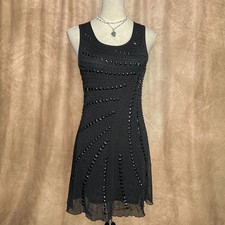 Vintage Y2K Beaded Mesh Mini Dress Black Sleeveless Party Whimsigoth Art Deco