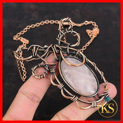 Copper Oval Natural Rose Quartz Handcrafted Chain Mother Wire Wrapped Necklace