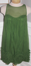 Rebecca Taylor Dress silk BOHO green 4 sleeveless babydoll sheer ruffle trim hot