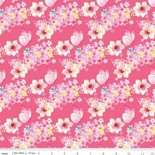 YARD Painted Petals Butterfly Floral On Pink 3.99 Ships ANY Amount Of Fabric