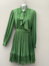 Self-Portrait Women’s Green Chiffon Lace Pleated Tie Neck Mini Dress Size 6