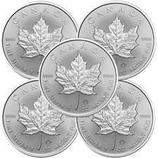 Lot Of 5 - 2026 1 Oz Canada 9999 Fine Silver Maple Leaf $5 Coin Bu