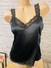 Vintage Lingerie Cami Camisole Nylon Black Slip Tank Bari Lace Bust Semi Sheer M