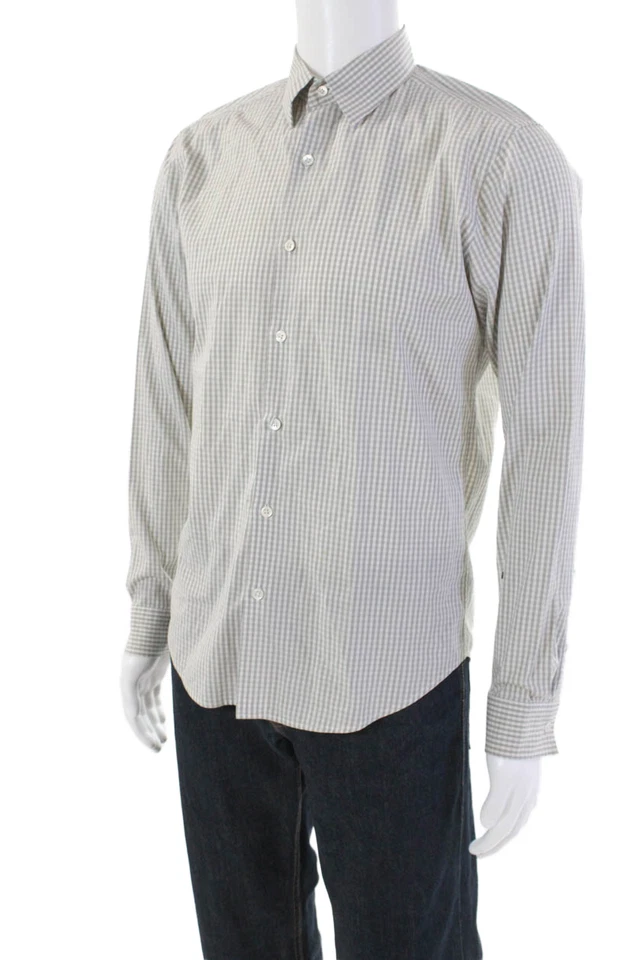 Theory Mens Cotton Checkered Collared Long Sleeve Button Up Shirt Gray Size S - Image 2 of 4