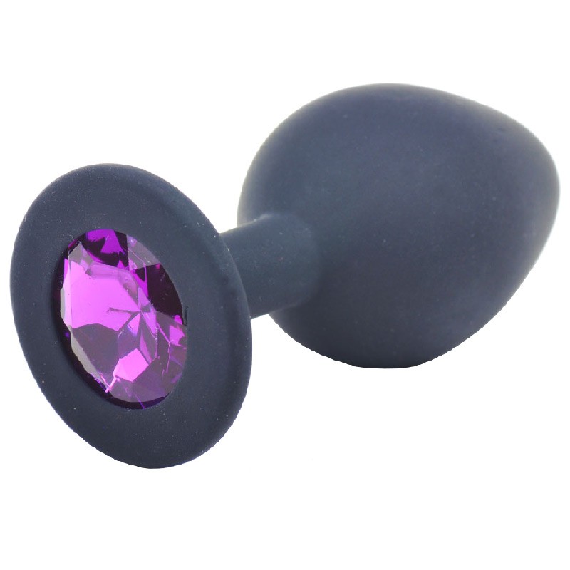 Medium Black Jewelled Silicone Butt Plug With Purple Diamond Base