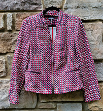 Basler Womens Knit Tweed Blazer Jacket Full Zip Red Pink Navy Size EU 40 US 10