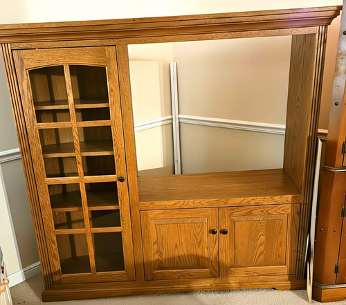 Wood Entertainment Unit TV Stand, 3 Hinge Doors Glass Cabinet, Shelves Brown