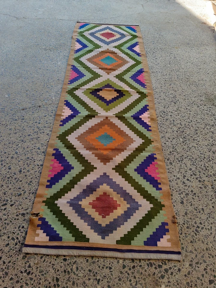 Kilim Runner turco vintage 3x10,6 pies | diamante geométrico colorido Foto 3 de 4