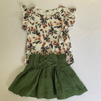 SHEIN Bodysuit Skirt Set Baby Girls 68 Green Floral Flutter Sleeve Boho Fall