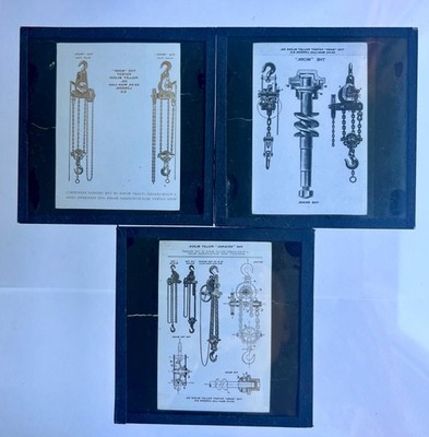 3x Mork Flaschenzug Block Patent Design technische Zeichnungen Magic Lantern Slides