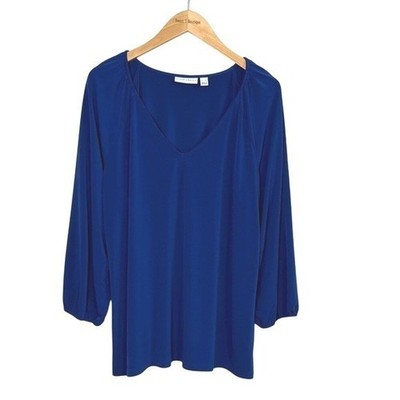 SUSAN GRAVER Liquid Knit XL Dark Blue Vneck Balloon Long Sleeve Tunic Top Office