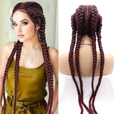 Lace Front Wig Synthetic Long Box Braided Wigs with 4 Braids Twist Hair 99J Burg