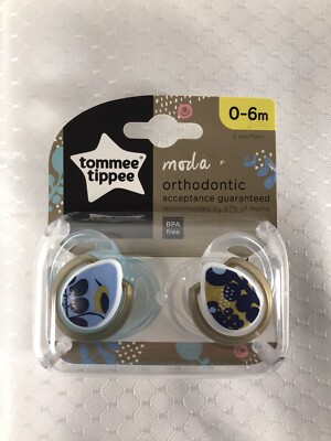 Tommee Tippee Moda 2pk Ortho Pacifier Binky Blue Gold Unisex 0-6mo Birds Clear