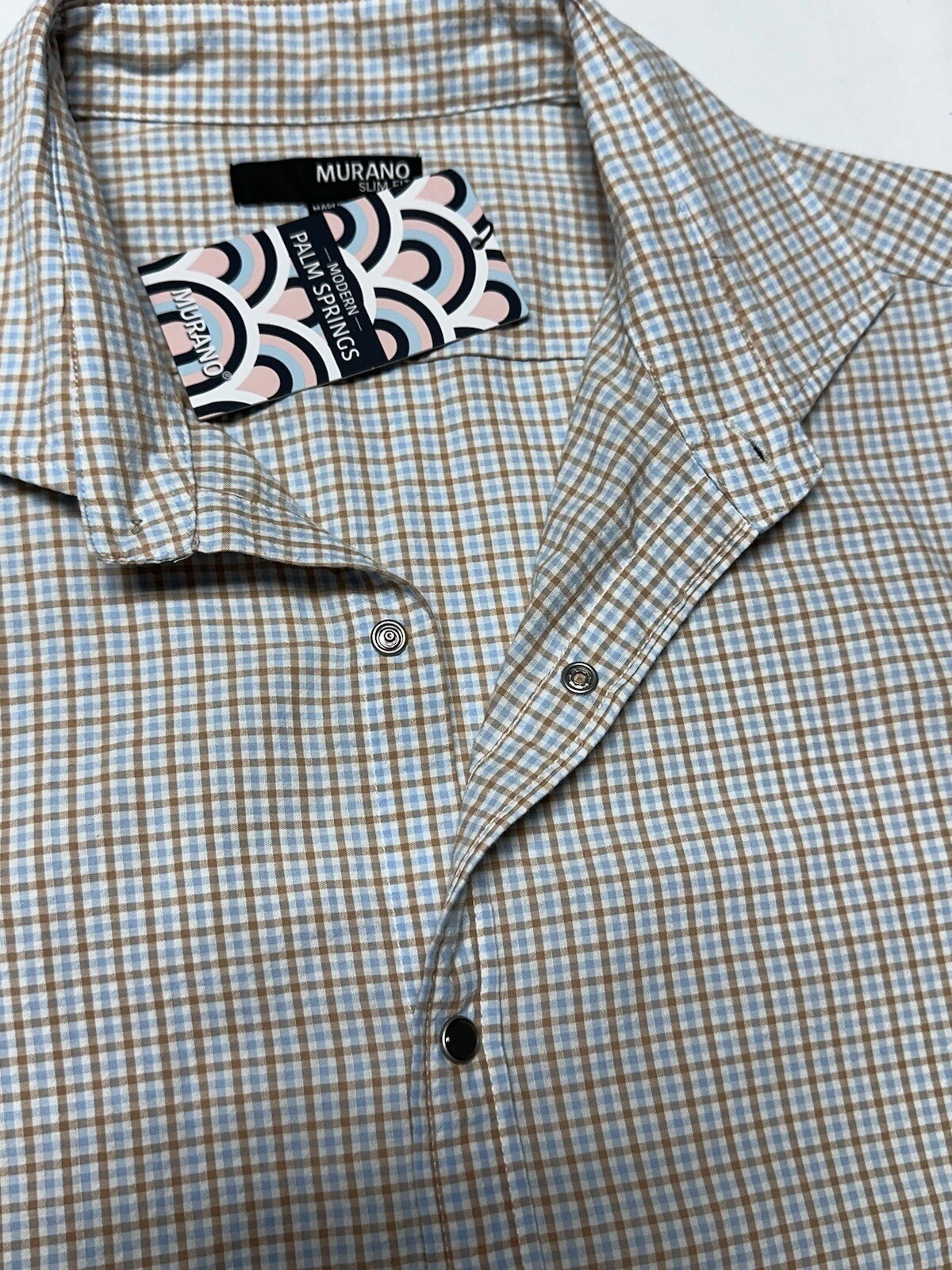 PALM ANGELS Camicia uomo Murano Palm Springs slim fit grande manica corta cotone a scatto blu beige