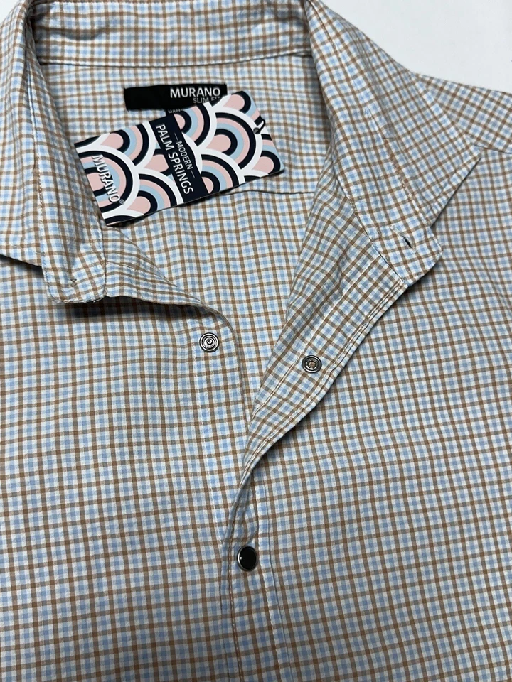 Murano Palm Springs 男式衬衫修身大号短袖棉质按扣蓝色米色 — 第 3/4 张图片