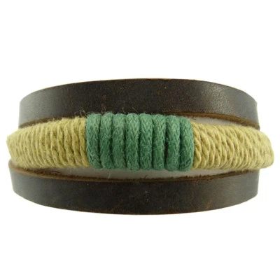 Bracelet Homme ou Femme 3 bandes cuir marron coton beige vert - taille réglable - Photo 1/2