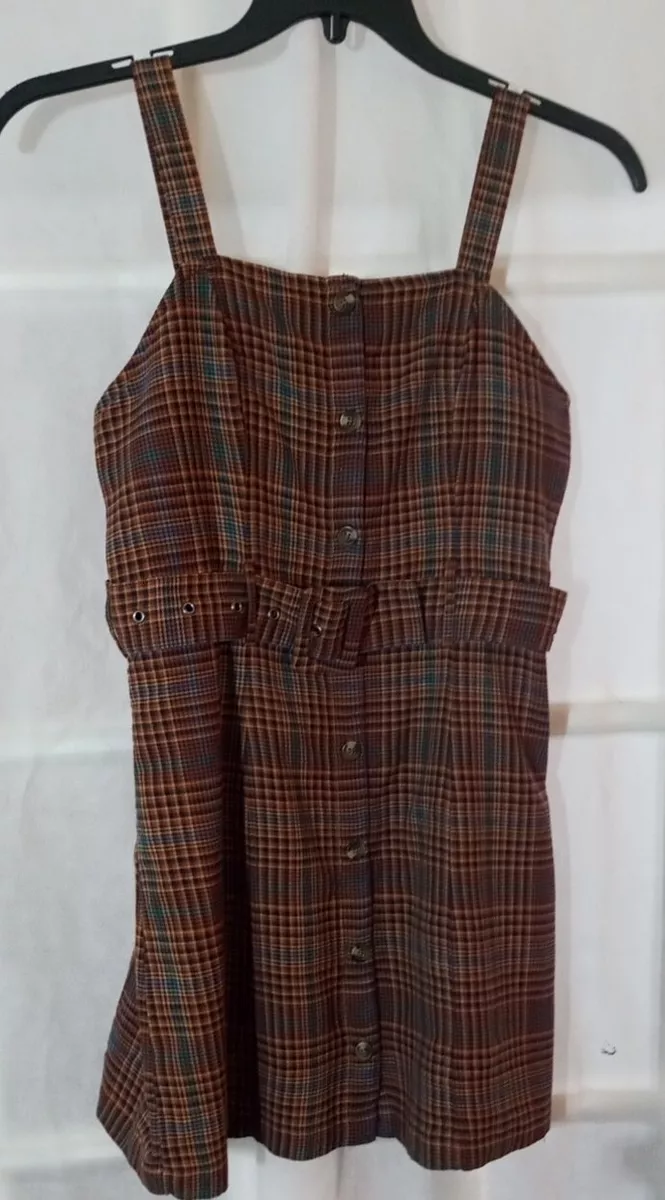American Eagle Belted Brown Tan Plaid Dress Side Zipper Mini Size