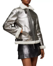 £900 Auth All Saints Lorel Shearling Flying Jacket, Shearling Metallic Silver, S