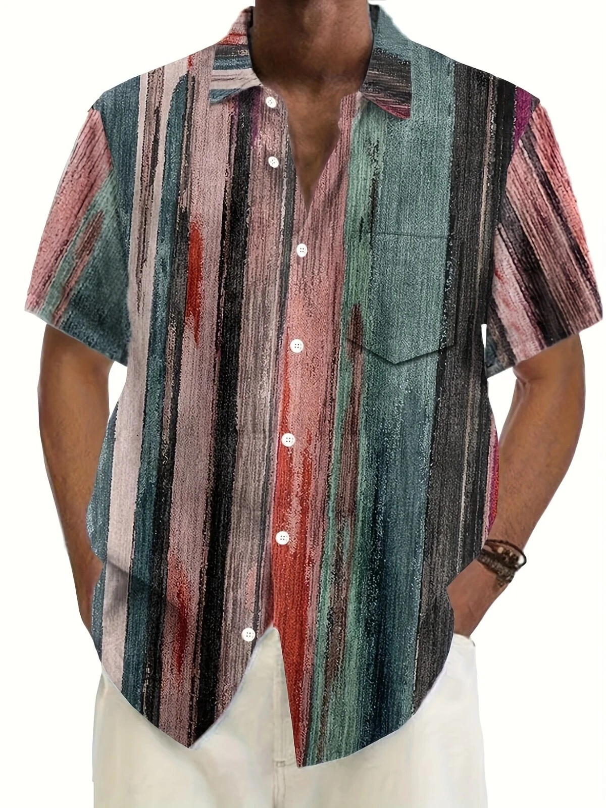 大码男士复古油画条纹时尚短袖纽扣衬衫 - 图片 1 / 3