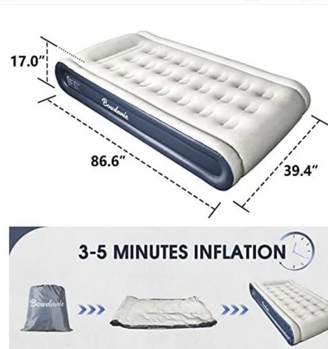 Bowdanie Twin Air Mattress Built-in Pump Inflatable Mattress 87x39x17" Blue/Gray - Picture 2 of 7