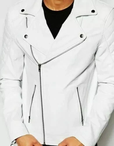 STYLISH New Men's White Jacket 100% Pure Lambskin Bomber Biker Coat Jacket image 2