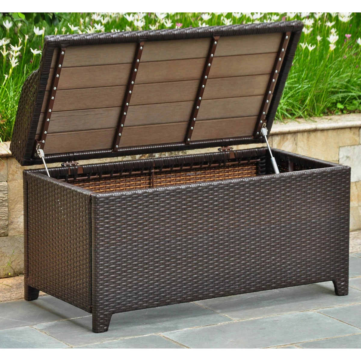 Plastic wicker storage bench clearance