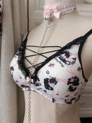 NEW lace bra Cute Cow Cat Lace Bra Wireless Push Up Cross Ribbon Cutout