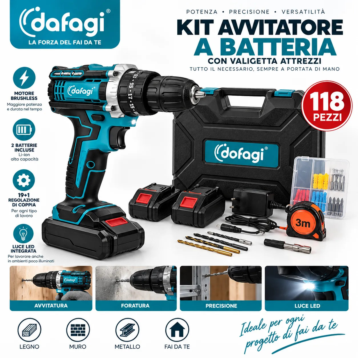 Kit Valigetta Attrezzi 118 Pezzi con Trapano Avvitatore 48V Brushless, 2 Batteri