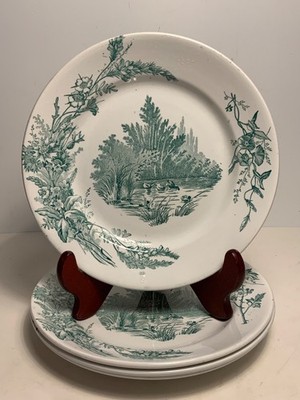 Set of 4 Antique Assiette Pexonne Champetre Green Transferware Plates 8.5''