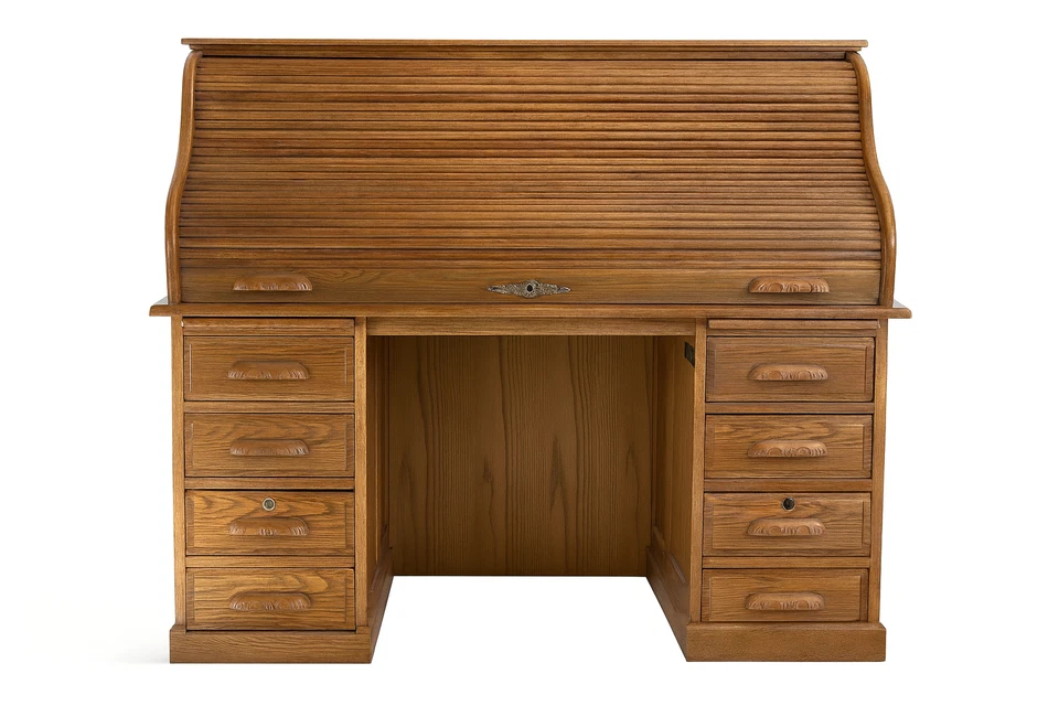 古董实心橡木滚顶书桌-经典手鼓闭合,双座灯 — 第 2/2 张图片