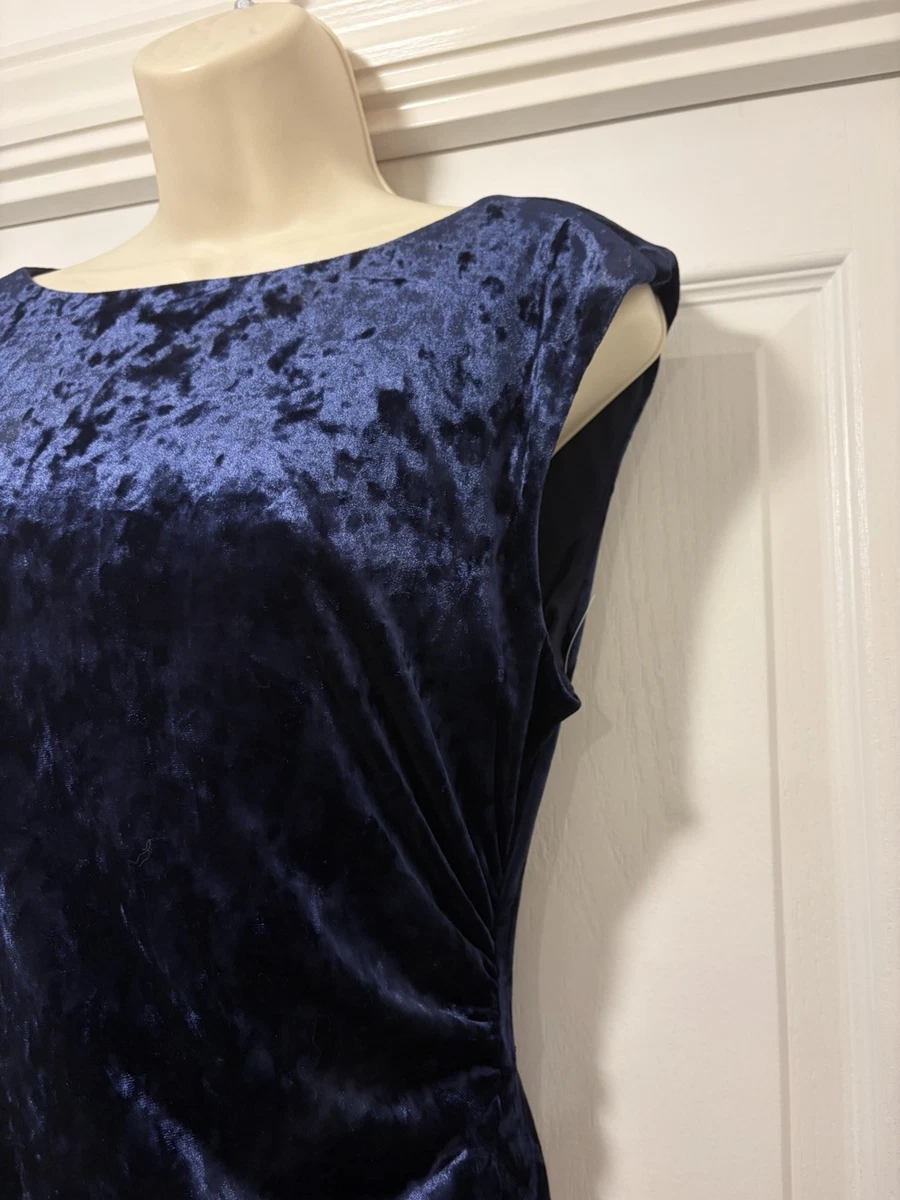 Vestido midi Adrianna Papell azul terciopelo encaje cuello barco sin mangas Reino Unido 12