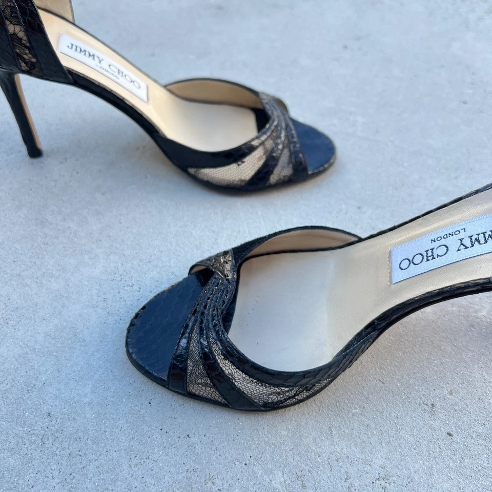 Jimmy Choo | Black Lace Velvet Python Leather D'Orsay Peep Toe Pumps (36.5) - Image 3 of 4