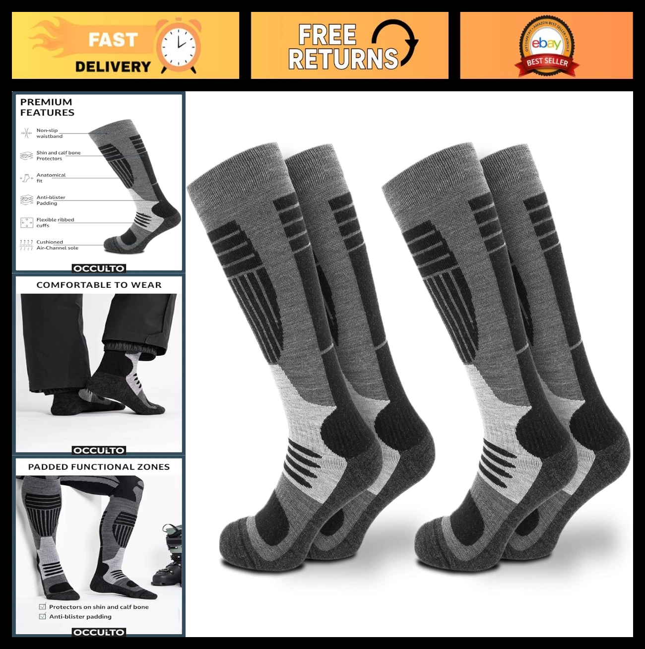 Men's Ski Socks - Pack of 2, Warm Thermal Winter Socks for Snow Sports