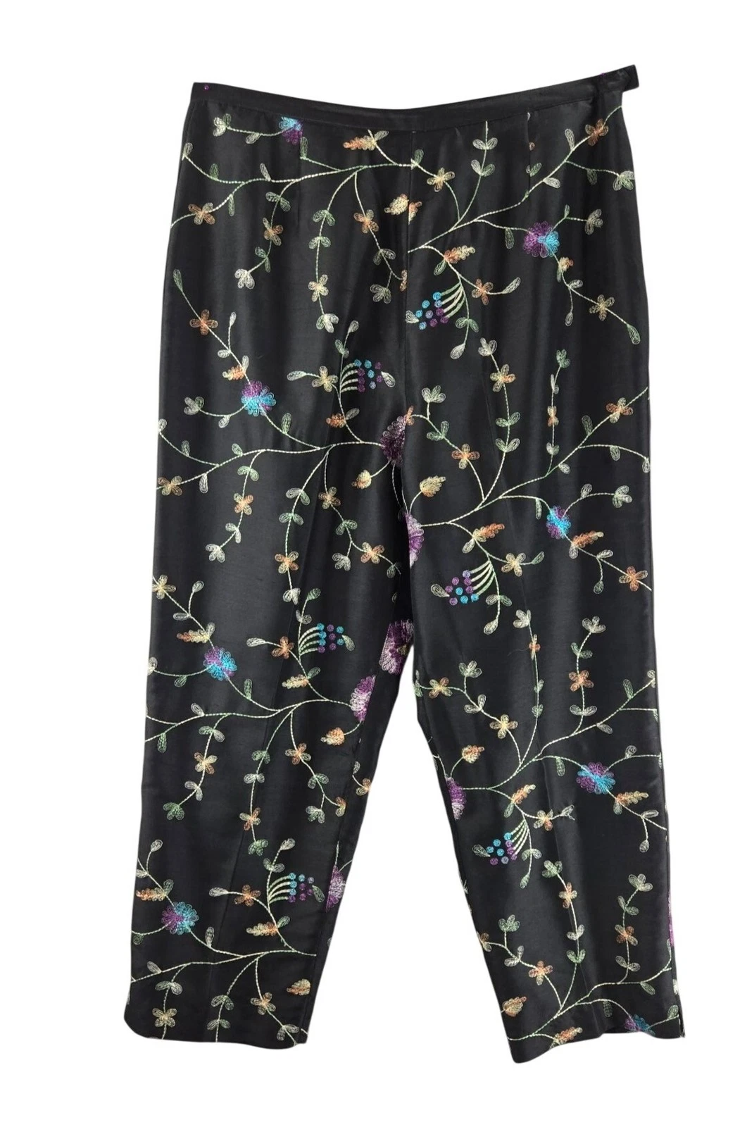 Black Skik Embroidered Ankle Capri's 12 by Silkland Lined Floral Chic Elegant