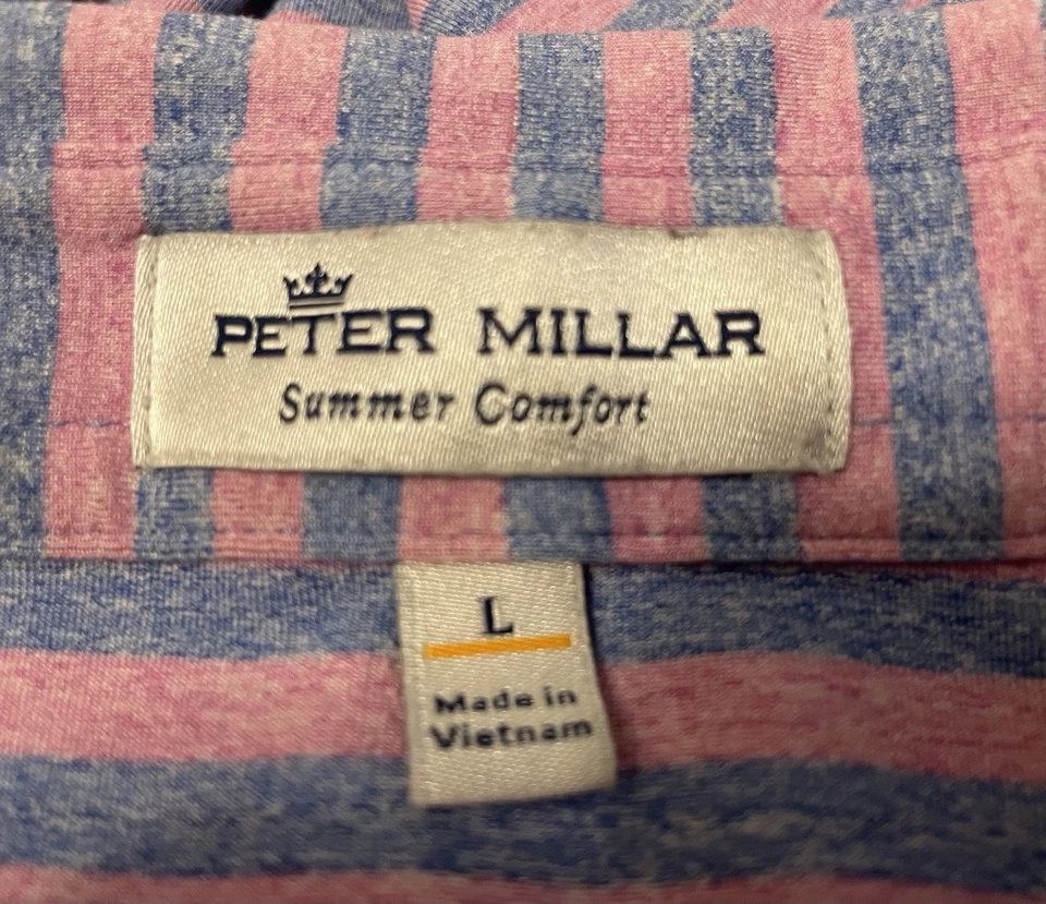 Polo de golf Peter Millar Summer Comfort rosa y azul a rayas Scioto Country Club talla L Foto 4 de 4